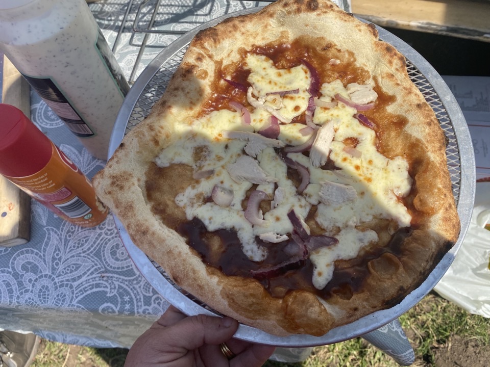 A BBQ chicken pizza with red onion and mozzarella on a mesh tray