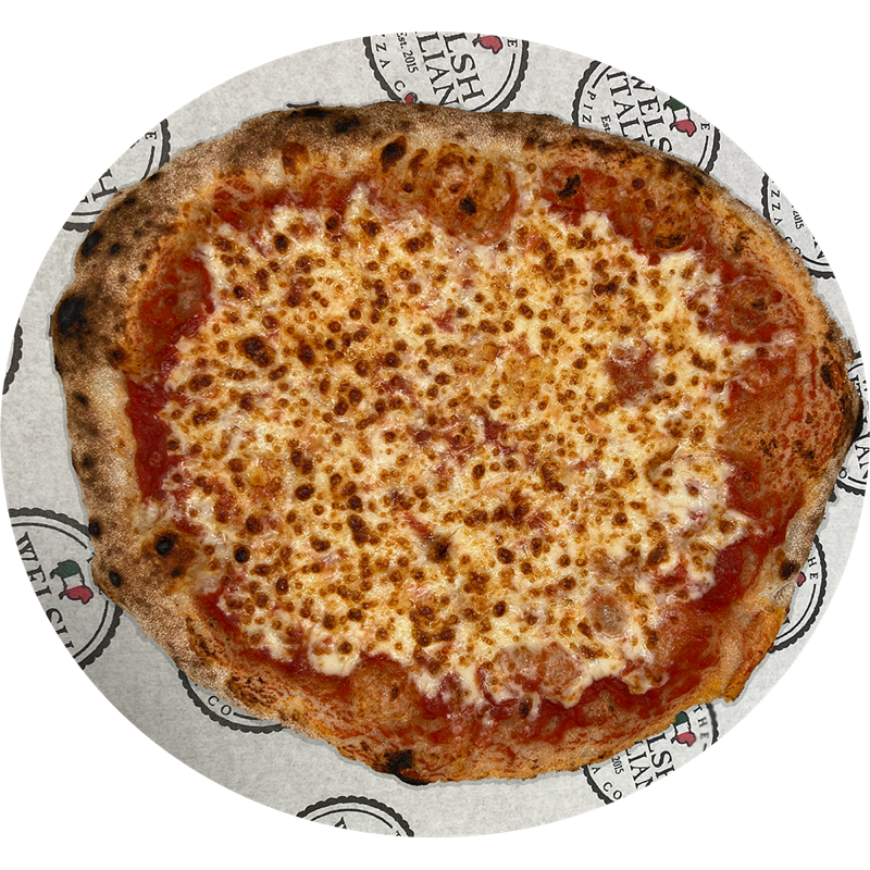 A margherita pizza on branded greaseproof paper