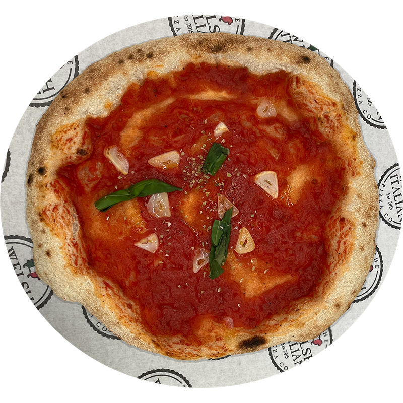 A marinara pizza with garlic, basil and oregano